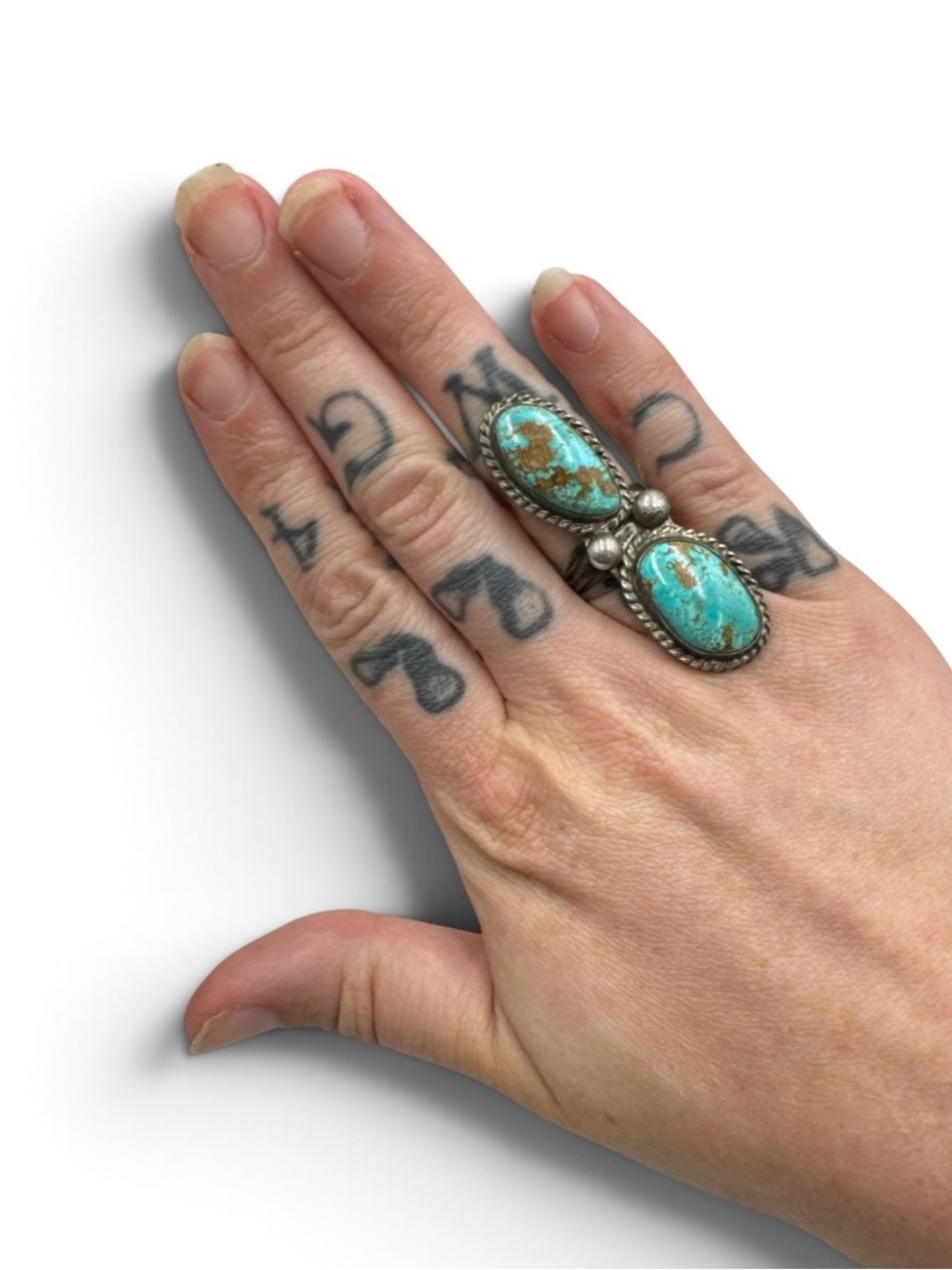 Vintage Navajo Sterling Royston Turquoise Double Stone Long Ring Size 7.25